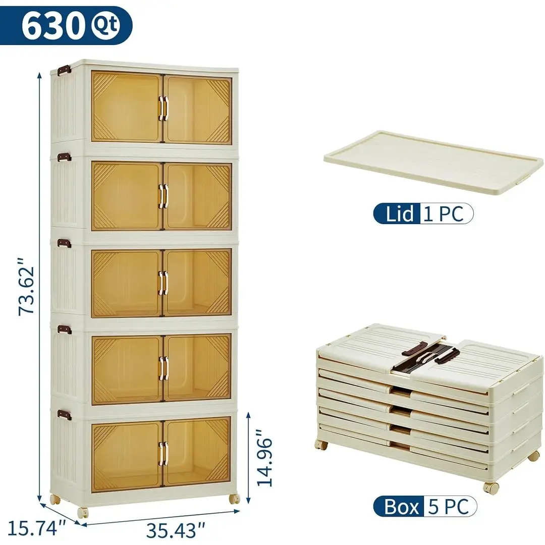 Magnetic transparent front doors open on the foldable storage boxes